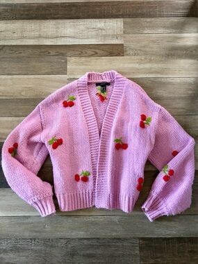 Forever 21 Pink Cherry Patch Open-Front Cardigan